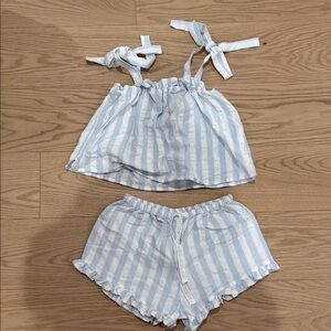 Light Blue & White Striped Tie-Shoulder Tank and Shorts Set